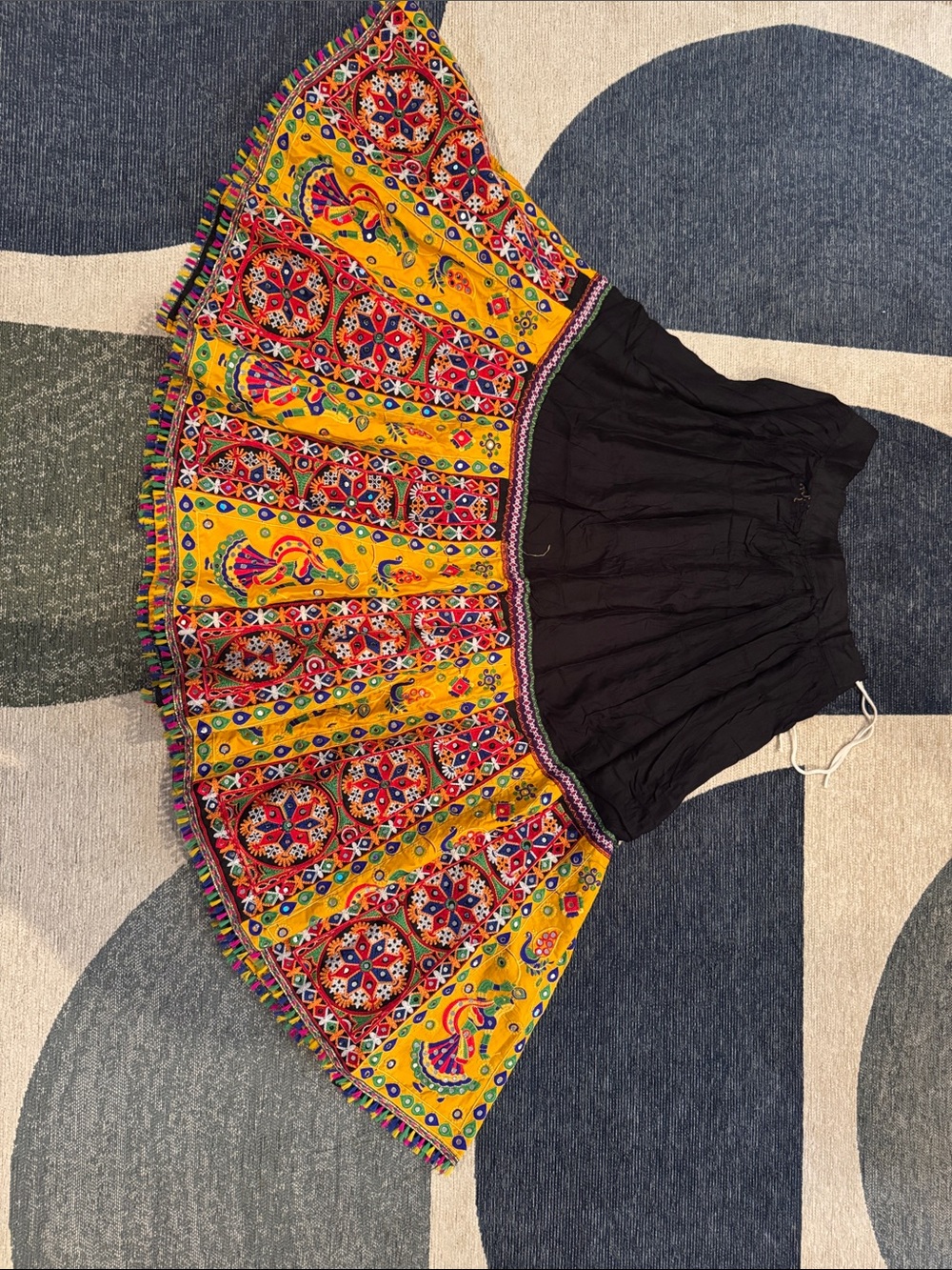 Boho Embroidered Yellow and Black Tiered Women's Skirt